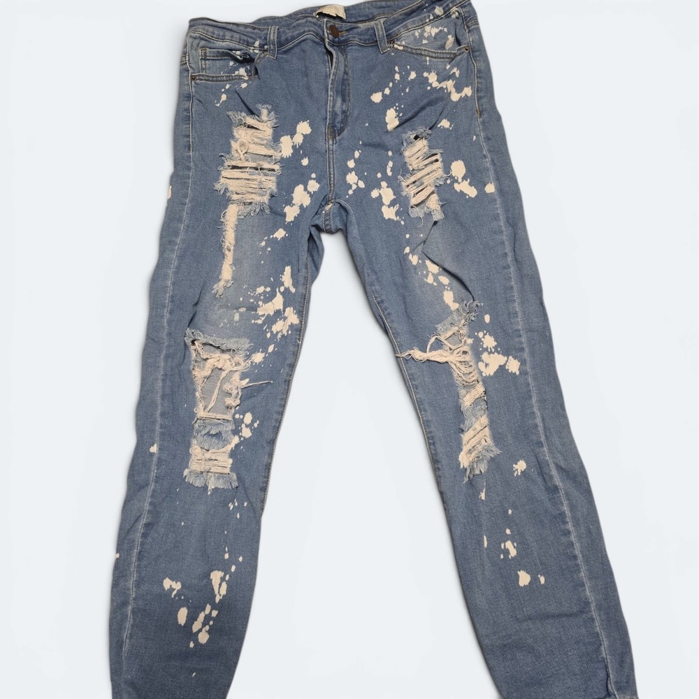 Forever 21 Womens Size 16 Distressed Bleach Splatter Skinny Jeans Blue Denim